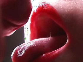 Close-up pussy fuck fetish. Cum on red lips in lipstick. Slow motion