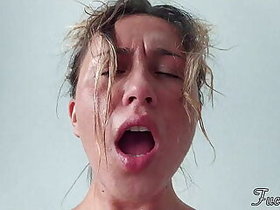 Sweaty and intense sex couple orgasm - Sweat fetish cowgirl - beautiful agony face REAL POV