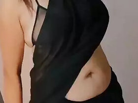 Hot chubby auntie in black mesh sari and mesh bra